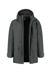 Donkergrijze winterparka met capuchon, voorzijde met knopen, ritsafsluiting, klepzakken en verstelbare mouwmanchetten.