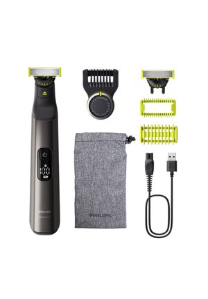 Philips OneBlade shaver with gray body, green accents, digital display, two comb attachments, adjustable length dial, USB charging cable, and fabric pouch.