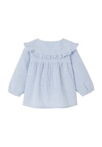 Long-sleeve blouse with a light blue and white striped pattern, featuring a ruffled collar and gathered bodice for a relaxed fit.