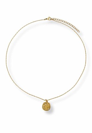 Delicate gold chain necklace with a round, textured pendant featuring abstract embossed designs.