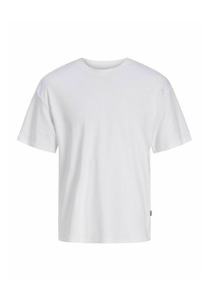 Yksinkertainen valkoinen lyhythihainen T-paita pyöreällä pääntiellä, rento malli ja pieni musta etiketti sivusaumassa.