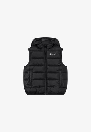Veste sans manches en duvet noire avec capuche, fermeture éclair frontale, poches latérales et logo "Champion" blanc sur la poitrine gauche.