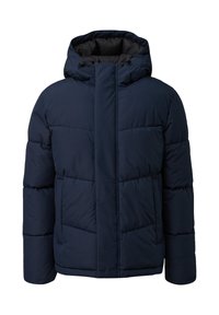 Marineblauwe pufferjack met capuchon, voorzien van een voorrits, twee diagonale zakken en een doorgestikt textuur voor isolatie.