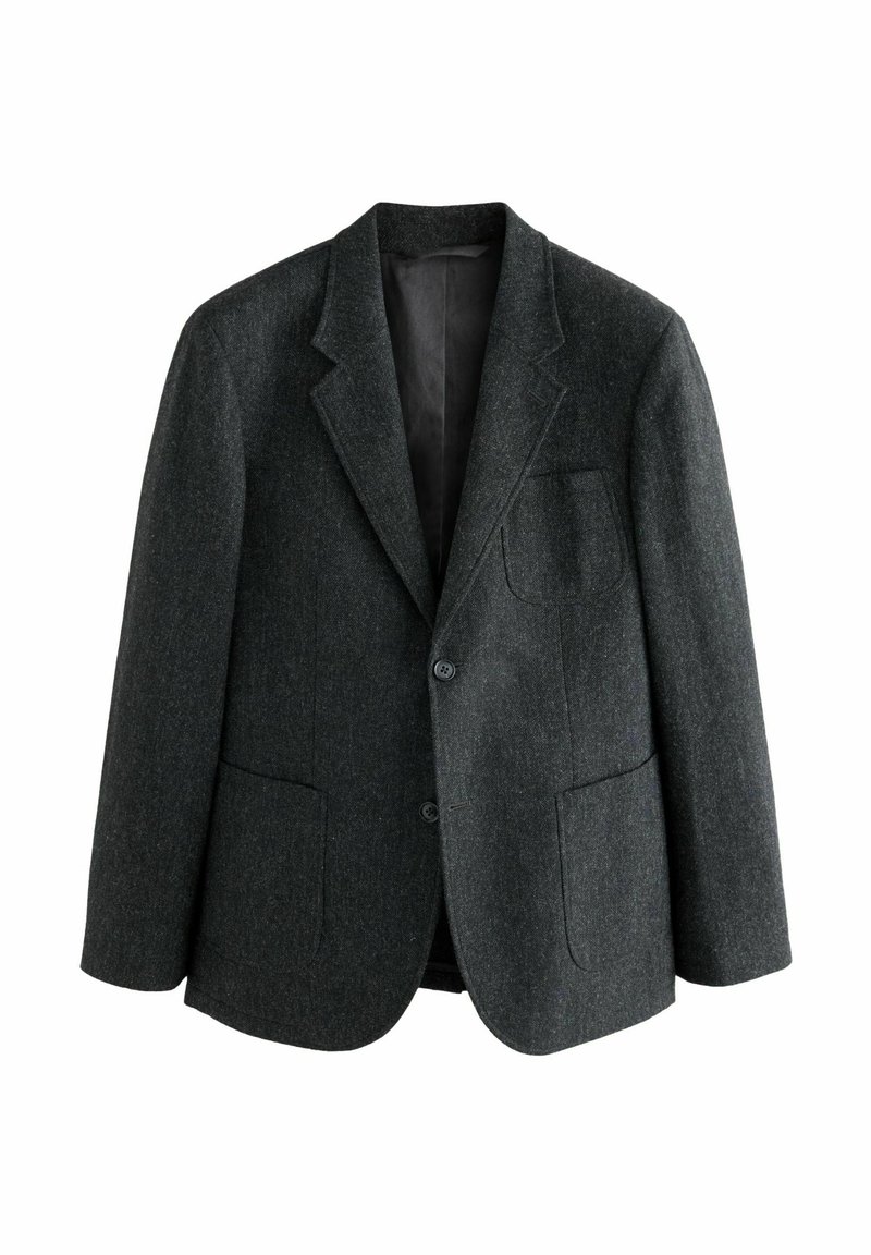 Dunkelgrauer Blazer aus strukturiertem Stoff mit Revers, zwei frontalen Taschen und einem Ein-Knopf-Verschluss. Klassisches, maßgeschneidertes Design.