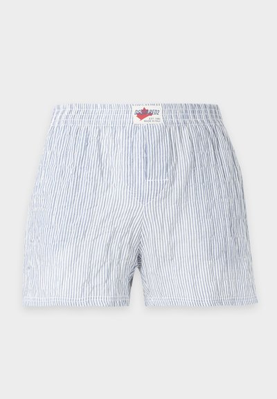 Boxer pour homme à rayures verticales bleu clair et blanc avec ceinture élastique et étiquette de marque au centre devant.