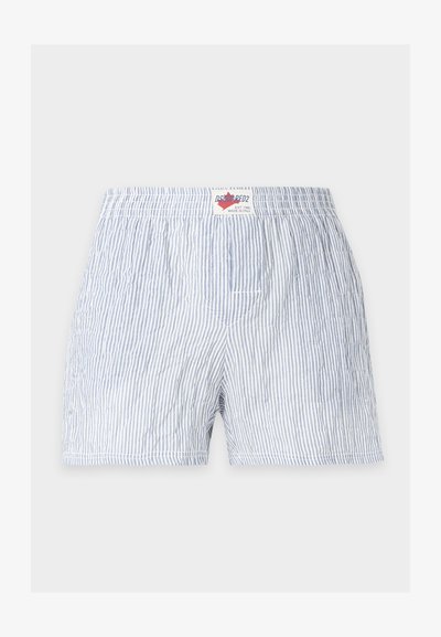 Boxer pour homme à rayures verticales bleu clair et blanc avec ceinture élastique et étiquette de marque au centre devant.