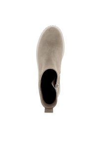 Beige suède enkellaars met een afgeronde neus, een gladde textuur, een rits aan de zijkant en een gestructureerde witte rubberen zool.