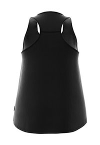 Zwart mouwloos sporttop van een gestructureerde stof, met een ronde hals en racerback ontwerp. Beschikt over een gladde afwerking en minimale stiksels.