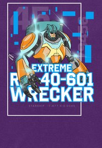 Ilustrace robotické postavy s oranžovou a modrou zbrojí, kovovými akcenty, tučným textem "EXTREME R40-601 WRECKER" na fialovém pozadí.