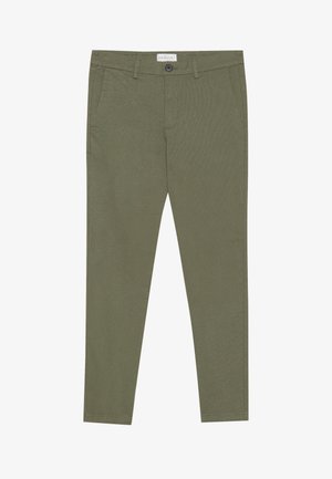 Olijfgroene katoenen chinos met een gladde textuur, slim fit, zijzakken en een ritssluiting, met een knoopsluiting en lussen voor een riem.