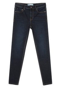 Jeans skinny de un azul oscuro hechos de denim, con un diseño clásico de cinco bolsillos, costuras en contraste y un cierre de botón único.