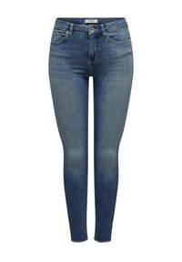 Jeans ajustados de color azul, confeccionados en denim, con una cintura de altura media, bolsillos frontales y dobladillos deshilachados. La tela presenta una sutil textura desteñida.