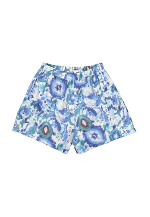 Blaue und grüne gemusterte Shorts mit elastischem Bund, die ein florales und geometrisches Design auf leichtem Stoff zeigen.