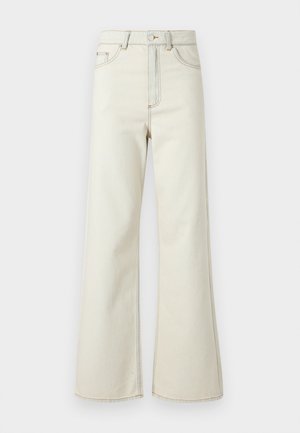 Hoge taille beige denim jeans met wijde pijpen, voorzien van lichte stiksels en een ritssluiting aan de voorkant. Geen zichtbare zakken.