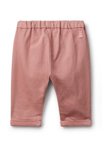 Różowe bawełniane spodnie z elastycznym pasem, skrócony fason, zrolowane mankiety i subtelny haftowany detal w kształcie królika z tyłu.