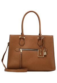 Brązowa skórzana torba tote z dwoma górnymi uchwytami i odpinanym paskiem na ramię. Posiada złote akcesoria, przednią kieszeń na zamek oraz zawieszkę z kłódką.