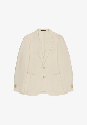 Blazer pour homme couleur crème avec revers à cran, deux boutons et poignets à trois boutons, avec deux poches plaquées à l'avant et une poche poitrine.
