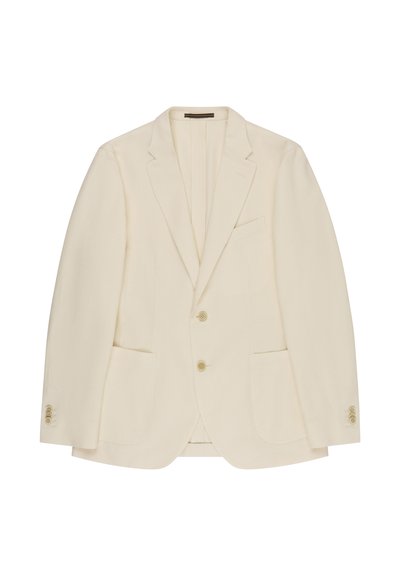 Crèmekleurig herenblazer met inkeping revers, twee knopen en manchetten met drie knopen, voorzien van twee voorzakken met klep en één borstzak.