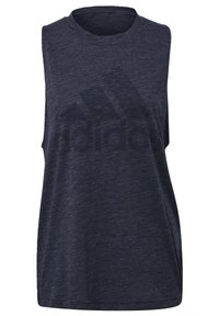 Tmavě modré bezrukávové sportovní tričko z měkké, strukturované látky. Na přední straně má velké, vybledlé logo adidas.