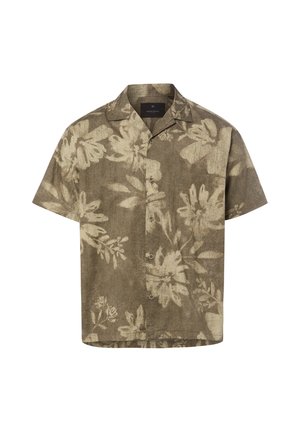 Kurzärmeliges Hemd zum Knöpfen mit beigefarbenem Blumenmuster auf olivgrünem Hintergrund, mit Reverskragen und lockerer Passform.