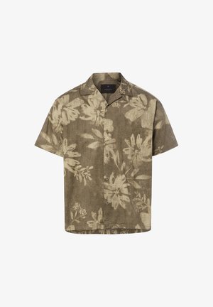Chemise à manches courtes boutonnée avec motif floral beige sur fond vert olive, dotée d'un col cranté et d'une coupe décontractée.