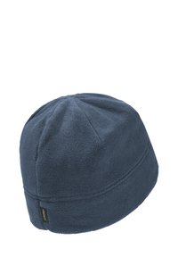 Fleece beanie in donkerblauw, ronde vorm met paneelnaden, zachte textuur en een klein label op de zijkant genaaid.