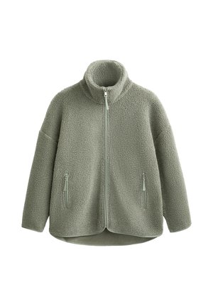 Jachetă din fleece verde cu guler înalt, fermoar frontal și buzunare cu fermoar pe laterale. Textură moale, croială lejeră și mâneci largi. Fără modele vizibile.