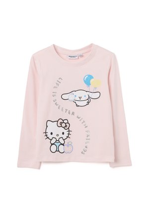 Lichtroze lange mouwen shirt met een Hello Kitty en een konijn afbeelding, met de tekst "Het leven is zoeter met vrienden" in zilver.
