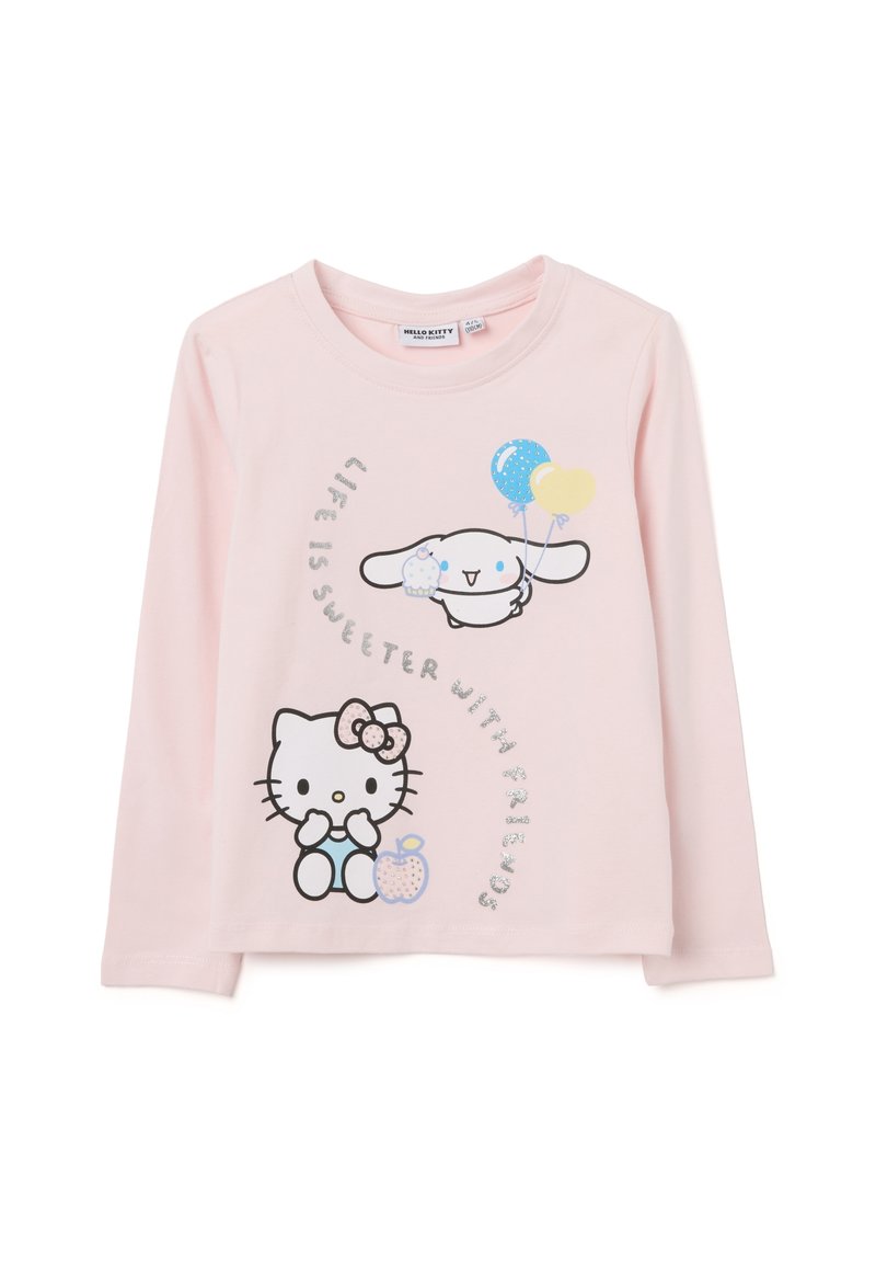 Lichtroze lange mouwen shirt met een Hello Kitty en een konijn afbeelding, met de tekst "Het leven is zoeter met vrienden" in zilver.