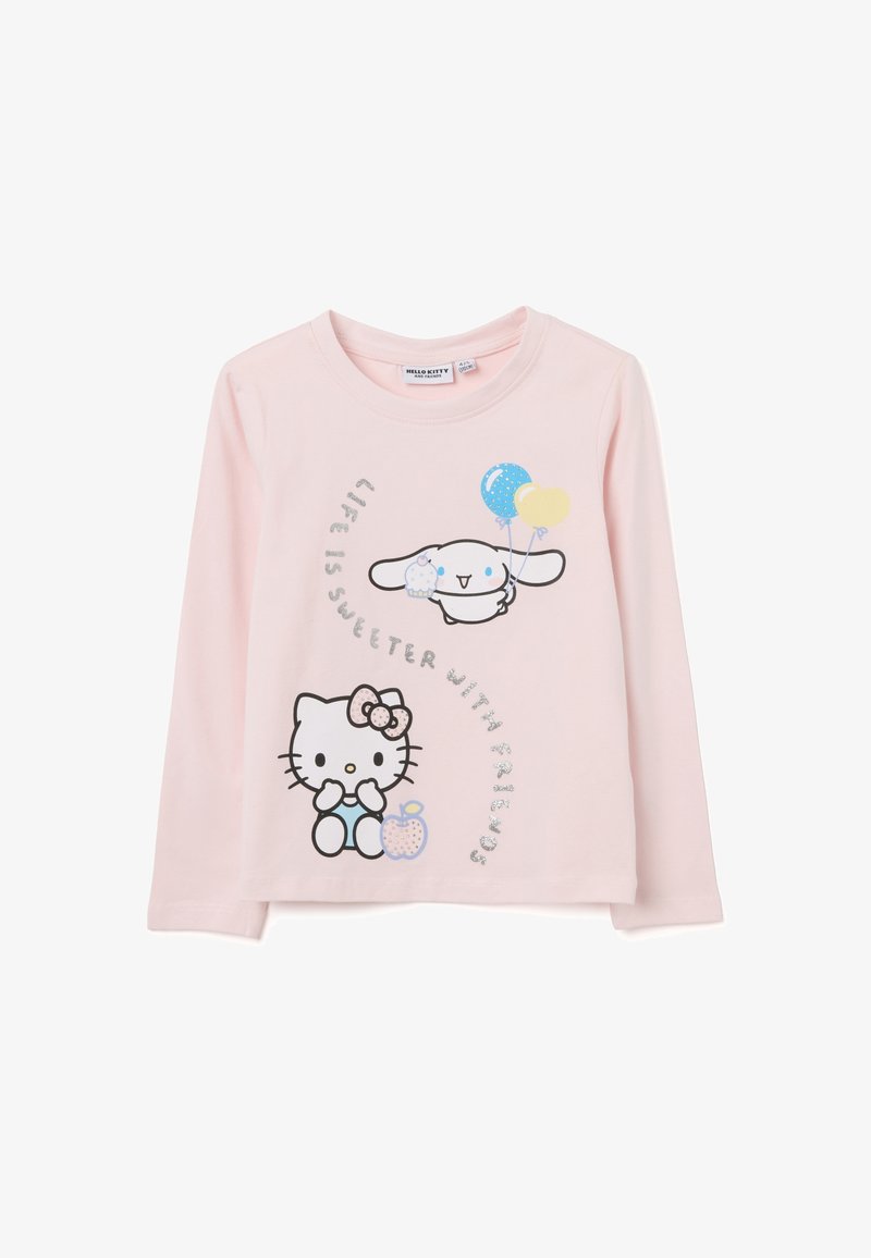 Lichtroze lange mouwen shirt met een Hello Kitty en een konijn afbeelding, met de tekst "Het leven is zoeter met vrienden" in zilver.