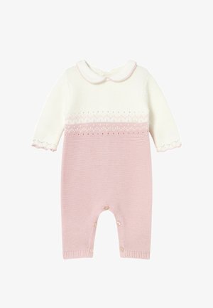 Tutina per bambini bianca e rosa, lavorata a maglia, con maniche lunghe, colletto alla Peter Pan, polsini smerlati e chiusure con bottoni sulle gambe.