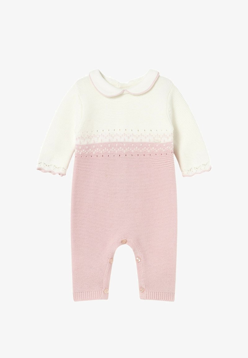 Tutina per bambini bianca e rosa, lavorata a maglia, con maniche lunghe, colletto alla Peter Pan, polsini smerlati e chiusure con bottoni sulle gambe.