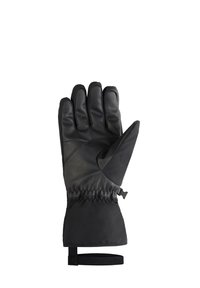 Guante impermeable negro con diseño de cinco dedos, palma de cuero, puño elástico y correa ajustable para un ajuste seguro. Superficie texturizada para un mejor agarre.