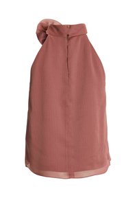 Haut sans manches rose poudré à col lavallière avec col montant et deux petits boutons dorés à la fermeture avant du col.