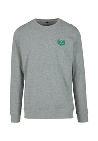 Sudadera de algodón gris con mangas largas, escote redondo y un emblema verde en el pecho. Textura suave y corte regular.