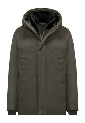 Olivgrüner Winterparka mit gepolsteter Kapuze, Frontreißverschluss, Druckknöpfen, zwei seitlichen Reißverschlusstaschen und schwarzem Innenfutter.