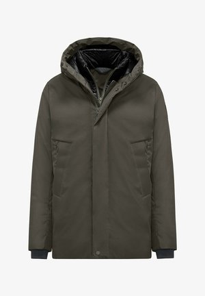 Olijfgroene winterparka met gewatteerde kap, ritssluiting aan de voorkant, drukknoopsluiting, twee met rits afsluitbare zijzakken en een zwarte binnenvoering.