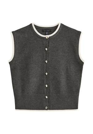 Veste sans manches en tricot gris foncé avec boutons, bordée de blanc au col, aux emmanchures et à l'ourlet.