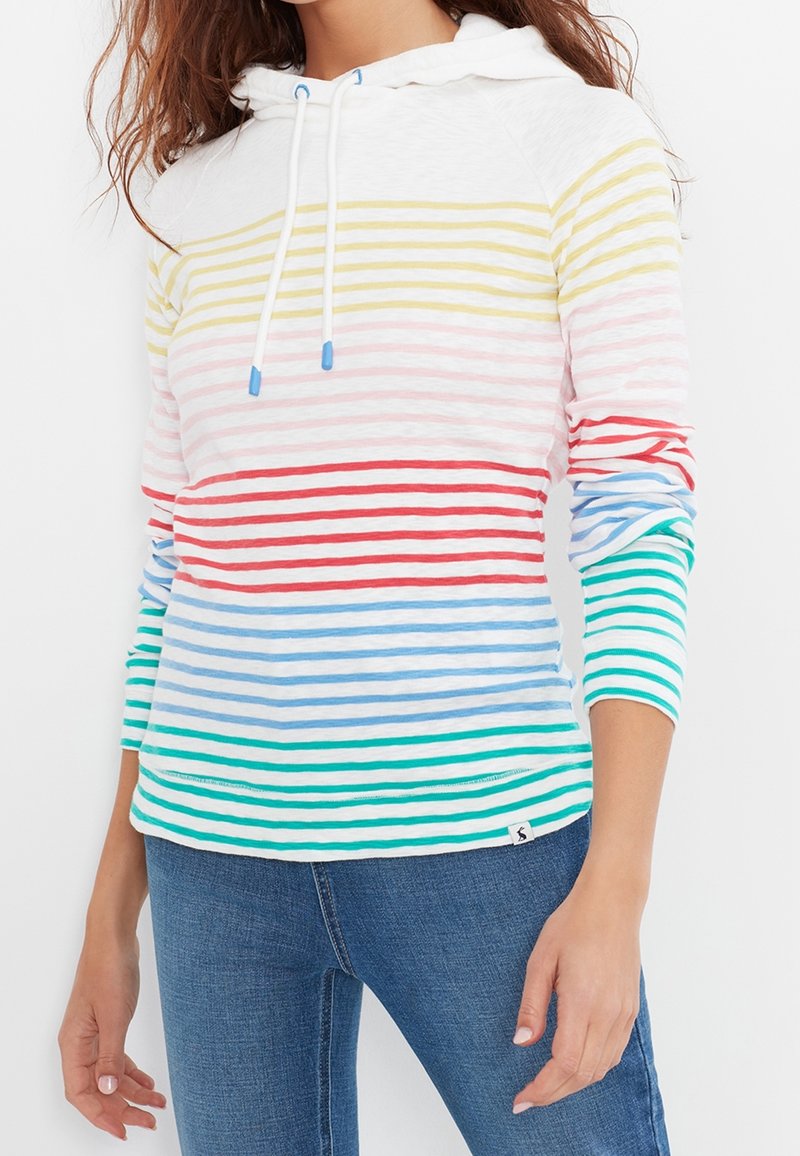 Hættetrøje med lange ærmer i blødt stof med multicolore horisontale striber (gul, pink, rød, blå, grøn) og justerbar snor.