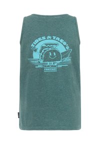 Zelené tielko z mäkkej látky s hravým motívom taco a nápisom „Tides & Taco’s“ svetlomodrej farby na zadnej strane.