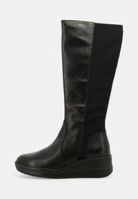 Stivali neri al ginocchio con un corpo in pelle elegante, pannello elastico sul lato e un tacco basso a cuneo per maggiore comfort e supporto.