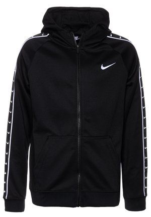 Black zip-up Nike hoodie with white swoosh logo on chest and repeated small swoosh logos along white-striped sleeves.