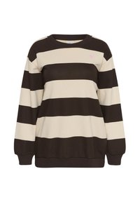 Jersey de cuello redondo con amplias rayas horizontales en negro y beige, mangas largas, puños acanalados y un pequeño detalle de corazón rosa en el pecho.