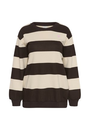 Pulover cu guler rotund, cu dungi late orizontale negre și bej, mâneci lungi, manșete rib, și un mic detaliu în formă de inimă roz pe piept.