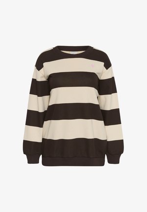 Pulover cu guler rotund, cu dungi late orizontale negre și bej, mâneci lungi, manșete rib, și un mic detaliu în formă de inimă roz pe piept.