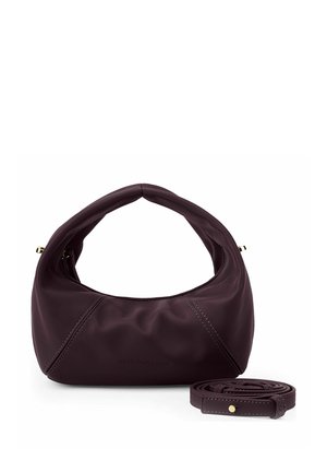 Dunkellila Leder-Hobo-Tasche mit rundem Griff und separatem, verstellbarem Schulterriemen in passendem Farbton mit goldfarbenen Beschlägen.