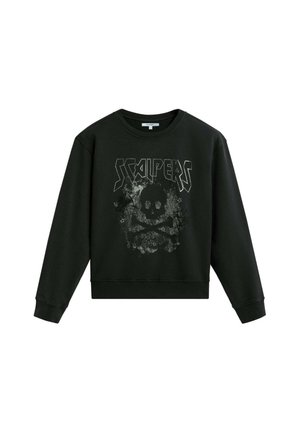 Sudadera negra con un gráfico de calavera y tibias cruzadas, con la palabra "SCALPERS" en letras gruesas. Hecha de un tejido suave y texturizado.