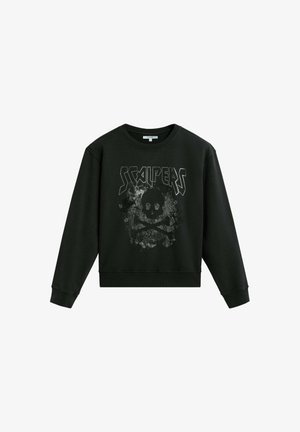 Sudadera negra con un gráfico de calavera y tibias cruzadas, con la palabra "SCALPERS" en letras gruesas. Hecha de un tejido suave y texturizado.