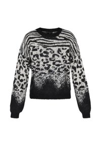 Zwart-witte dierenprint trui met een fluffy textuur, voorzien van horizontale strepen en verspreide pailletten. Verkorte lengte en ronde halslijn.