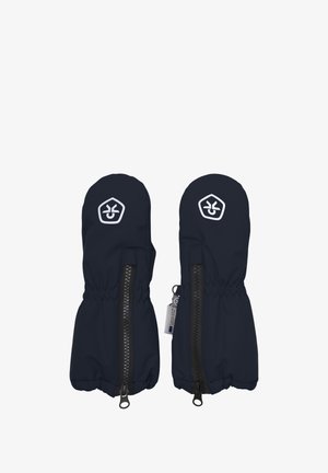 Muffole blu navy realizzate in tessuto morbido, con chiusura a zip, polsini elastici e un logo bianco sul davanti, progettate per offrire calore e comfort.